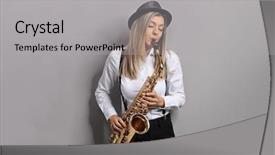 Presentation with young children playing multicultural - PPT theme enhanced with female musician playing a saxophone background and a light gray colored foreground