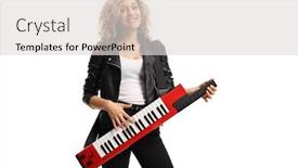  Presentation with curly hair - Cool new PPT layouts with female-musician-with-a-curly backdrop and a light gray colored foreground