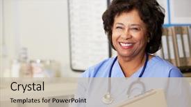  Presentation with station - Audience pleasing PPT layouts consisting of female nurse at nurses station backdrop and a soft green colored foreground