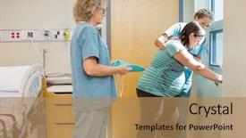  Presentation with labor delivery - Presentation with female nurse carrying hospital gown background and a coral colored foreground