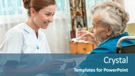  Presentation with medical pills - PPT layouts consisting of female nurse giving senior woman background and a ocean colored foreground