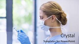  Presentation with set of different dental tools - Amazing slide deck having female nurse holding dental tools backdrop and a  colored foreground