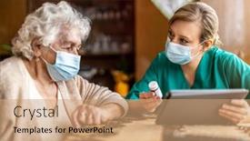  Presentation with prescription - Presentation theme with female-nurse-reviewing-prescription-bottle background and a coral colored foreground