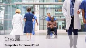  Presentation with scrubs - Audience pleasing theme consisting of female-nurse-wearing-scrubs-wheeling backdrop and a light gray colored foreground