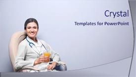  Presentation with juice - Slide deck featuring female nutritionist sitting in armchair with glass of juice on light background background and a sky blue colored foreground