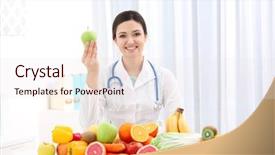  Presentation with fruits and vegetables - Cool new slide set with female nutritionist with different fruits backdrop and a sky blue colored foreground