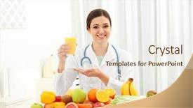  Presentation with fruits - Beautiful PPT theme featuring female nutritionist with different fruits backdrop and a sky blue colored foreground