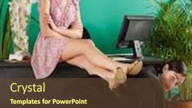 Presentation with worker - Beautiful presentation theme featuring female-office-worker-resting-legs backdrop and a tawny brown colored foreground