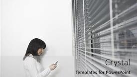  Presentation with front office - Slides enhanced with female office worker using mobile phone in front of office window side view background and a light gray colored foreground