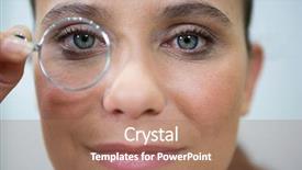  Presentation with ophthalmology - Colorful theme enhanced with female optometrist looking through magnifying glass in ophthalmology clinic backdrop and a coral colored foreground