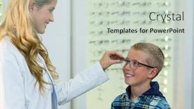  Presentation with ophthalmology - Slides with female optometrist prescribing spectacles to young patient in ophthalmology clinic background and a soft green colored foreground