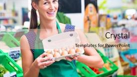  Presentation with storage - Slides enhanced with female organic supermarket clerk filling up egg storage racks in fresh department background and a lemonade colored foreground