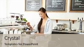  Presentation with coffee shop - PPT theme enhanced with female owner of coffee shop background and a mint green colored foreground