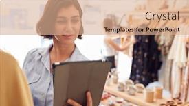  Presentation with using digital tablet - Amazing slide set having female-owner-of-fashion-store backdrop and a coral colored foreground
