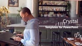  Presentation with using digital tablet - Cool new slide deck with female-owner-of-restaurant-bar backdrop and a dark gray colored foreground