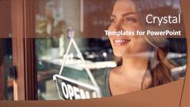  Presentation with open door - Beautiful PPT theme featuring female-owner-of-start-up backdrop and a coral colored foreground