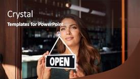  Presentation with open door - Colorful presentation design enhanced with female-owner-of-start-up backdrop and a wine colored foreground