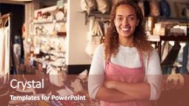  Presentation with portrait of excited overjoyed female - PPT theme having female owner standing in gift background and a red colored foreground