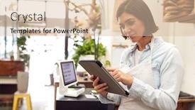  Presentation with sales - Amazing slide set having female-owner-with-digital-tablet backdrop and a lemonade colored foreground