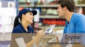  Presentation with paint - Colorful presentation design enhanced with female paint store worker talking backdrop and a coral colored foreground