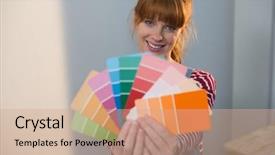  Presentation with color - PPT theme consisting of female painter holding color pallete background and a  colored foreground