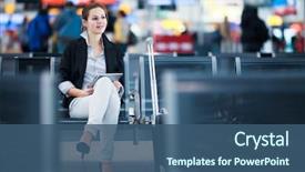  Presentation with worried young female college student - PPT theme enhanced with female passenger at the airport background and a ocean colored foreground