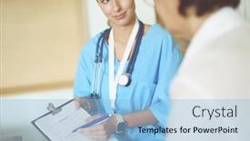  Presentation with female hospital patient - PPT theme with female patient and doctor have consultation in hospital room background and a light blue colored foreground