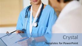  Presentation with female hospital patient - Colorful presentation theme enhanced with female patient and doctor have consultation in hospital room backdrop and a light blue colored foreground