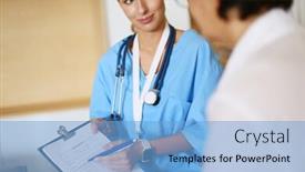  Presentation with female hospital patient - Presentation theme having female patient and doctor have consultation in hospital room background and a light blue colored foreground
