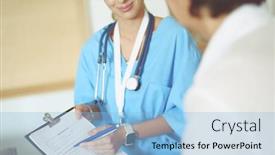  Presentation with female hospital patient - Amazing PPT layouts having female patient and doctor have consultation in hospital room backdrop and a light blue colored foreground