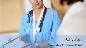  Presentation with female hospital patient - Beautiful slide deck featuring female patient and doctor have consultation in hospital room backdrop and a light blue colored foreground