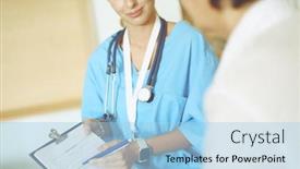  Presentation with female hospital patient - Amazing slide set having female-patient-and-doctor backdrop and a light blue colored foreground