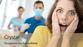  Presentation with surgery - Colorful theme enhanced with hesitation - female patient frightened from treatment backdrop and a coral colored foreground