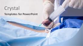  Presentation with injection - Audience pleasing PPT theme consisting of female patient getting an injection in the clinic backdrop and a white colored foreground