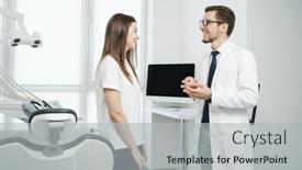  Presentation with dental office - PPT theme with female-patient-have-a-conversation background and a light gray colored foreground