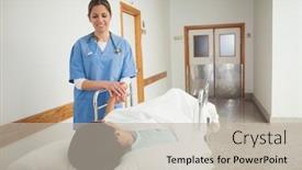  Presentation with healthcare workers - Amazing theme having female patient holding the hand of a nurse in hospital hallway healthcare workers in the coronavirus covid19 pandemic backdrop and a mint green colored foreground