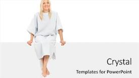  Presentation with signboard - Theme consisting of female patient sitting on a blank signboard isolated on white background background and a white colored foreground