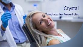  Presentation with dental impression - Slide set having female patient smiling in dental background and a sky blue colored foreground