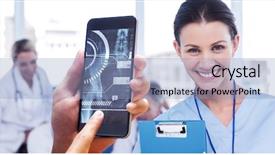  Presentation with female pelvis - Colorful theme enhanced with female pelvis - hand holding smartphone against cheerful backdrop and a light blue colored foreground