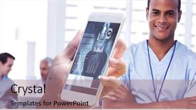  Presentation with smartphone - Colorful slide set enhanced with female pelvis - hand holding smartphone against smiling backdrop and a coral colored foreground