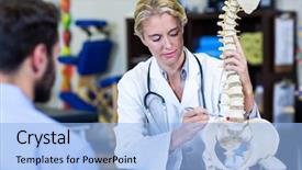  Presentation with female pelvis - Colorful PPT theme enhanced with female pelvis - physiotherapist explaining spine model backdrop and a light blue colored foreground