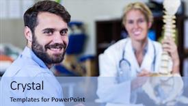  Presentation with spine - PPT theme consisting of female pelvis - physiotherapist explaining spine model background and a light blue colored foreground