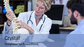  Presentation with spine - Audience pleasing slide deck consisting of female pelvis - physiotherapist explaining spine model backdrop and a light blue colored foreground