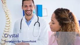  Presentation with spine - Amazing theme having female pelvis - physiotherapist explaining spine model backdrop and a sky blue colored foreground