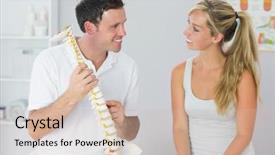  Presentation with patient simulation - Slide deck with female pelvis - smiling physiotherapist showing patient something background and a soft green colored foreground