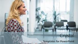  Presentation with interview - Slide deck with female person at the interview in business office background and a light blue colored foreground