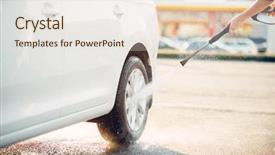  Presentation with car wheels stand - Presentation theme featuring female person cleans car wheels background and a lemonade colored foreground