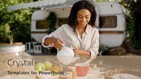  Presentation with cooking - PPT theme enhanced with female-person-cooking-breakfast-near background and a coral colored foreground
