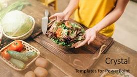  Presentation with organic cooking - Slide set consisting of female person cooking salad healthy background and a coral colored foreground