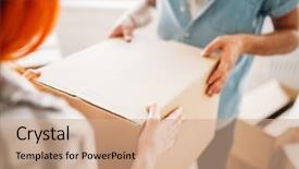  Presentation with older person holding pills - Slide set enhanced with female person holds box housewarming background and a coral colored foreground